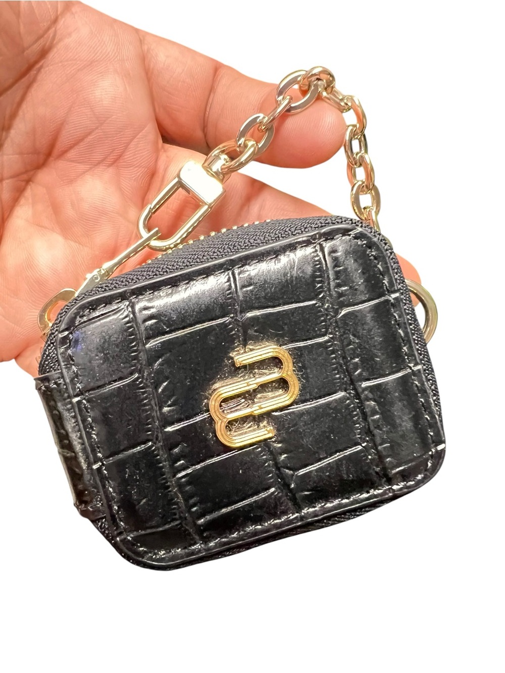 New Maje Black Embossed Leather Earphone Pouch with Gold‎ Chain